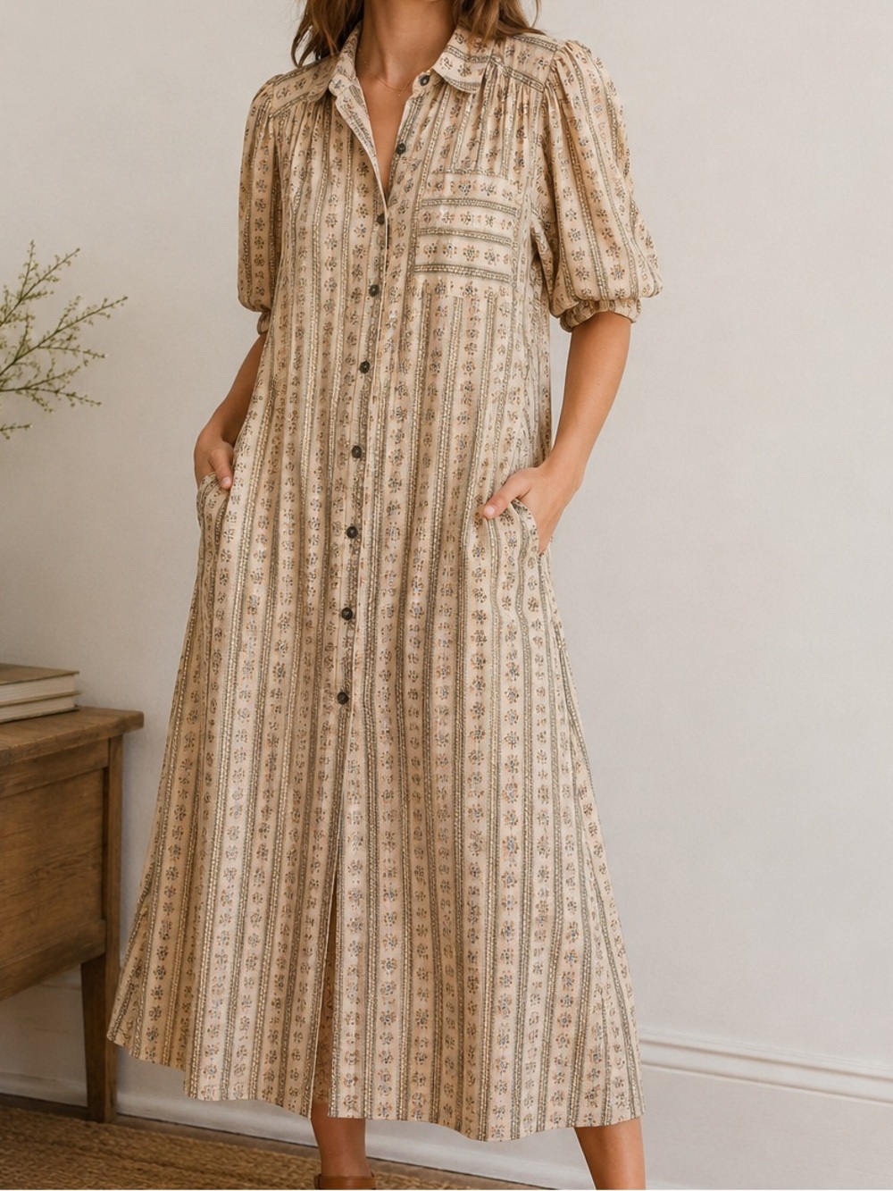 Gaudie Cottagecore Floral Stripe Shirt Dress Lined Pockets Button Front S